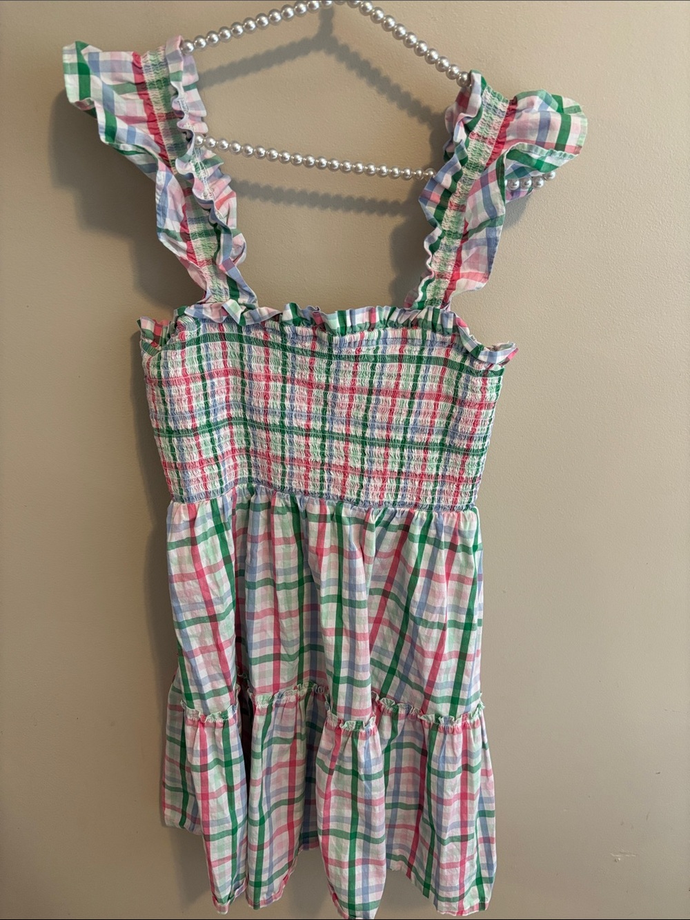 Crown & Ivy Plaid Smocked Tiered Dress Medium Pink Green White Ruffle Poplin